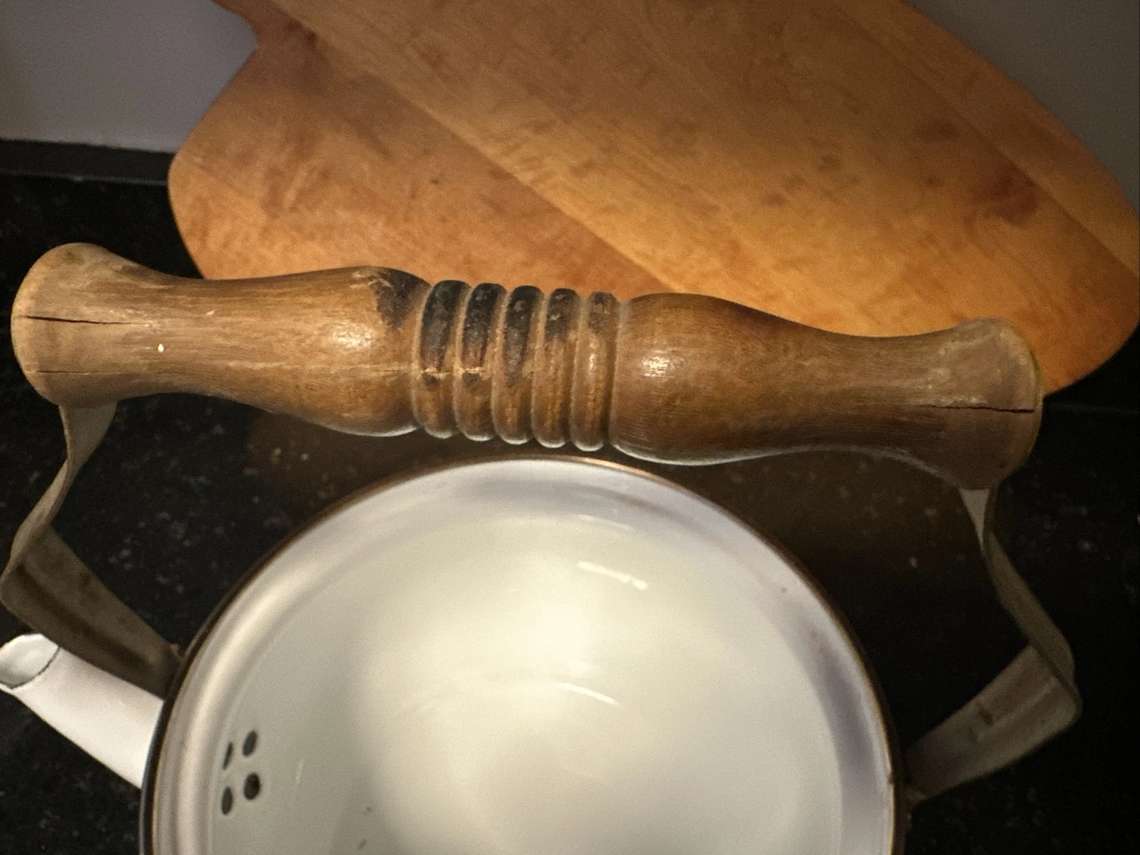 White Enamel Tea Kettle With Floral Design With Wooden Handle Farm Cottagecore
