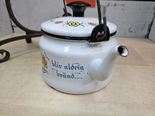 Vintage Enamel Folk Art Tea Pot With Cast Iron Stand