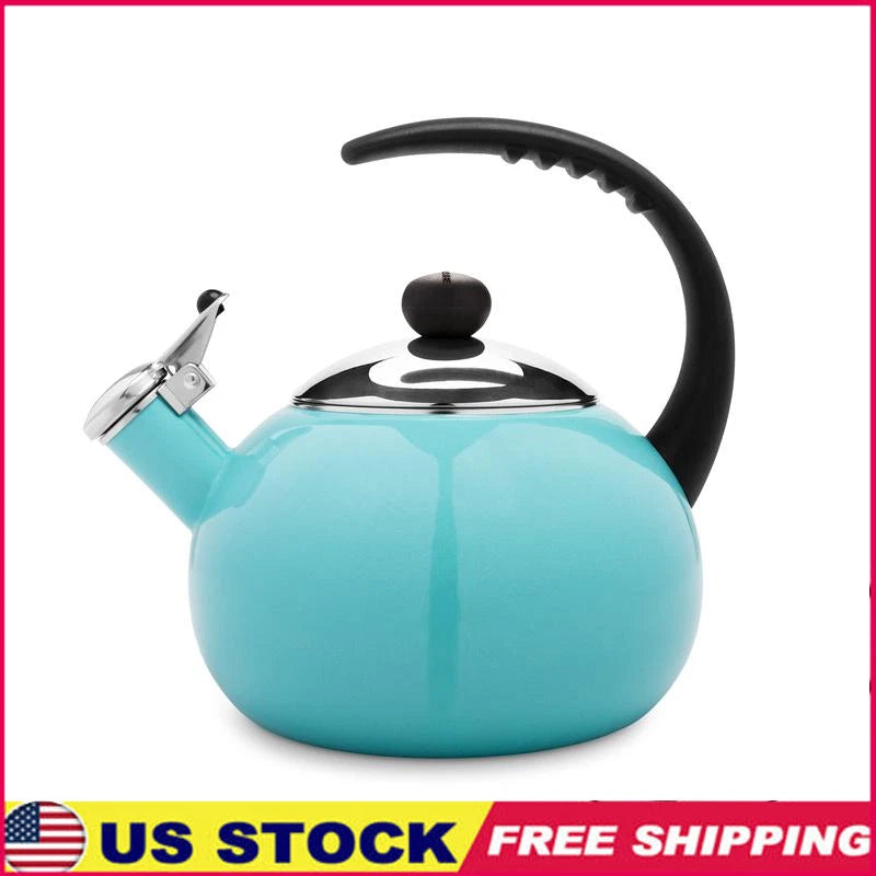 Induction Safe Enamel Tea Kettle Whistling Handle Durable Stainless Steel Design