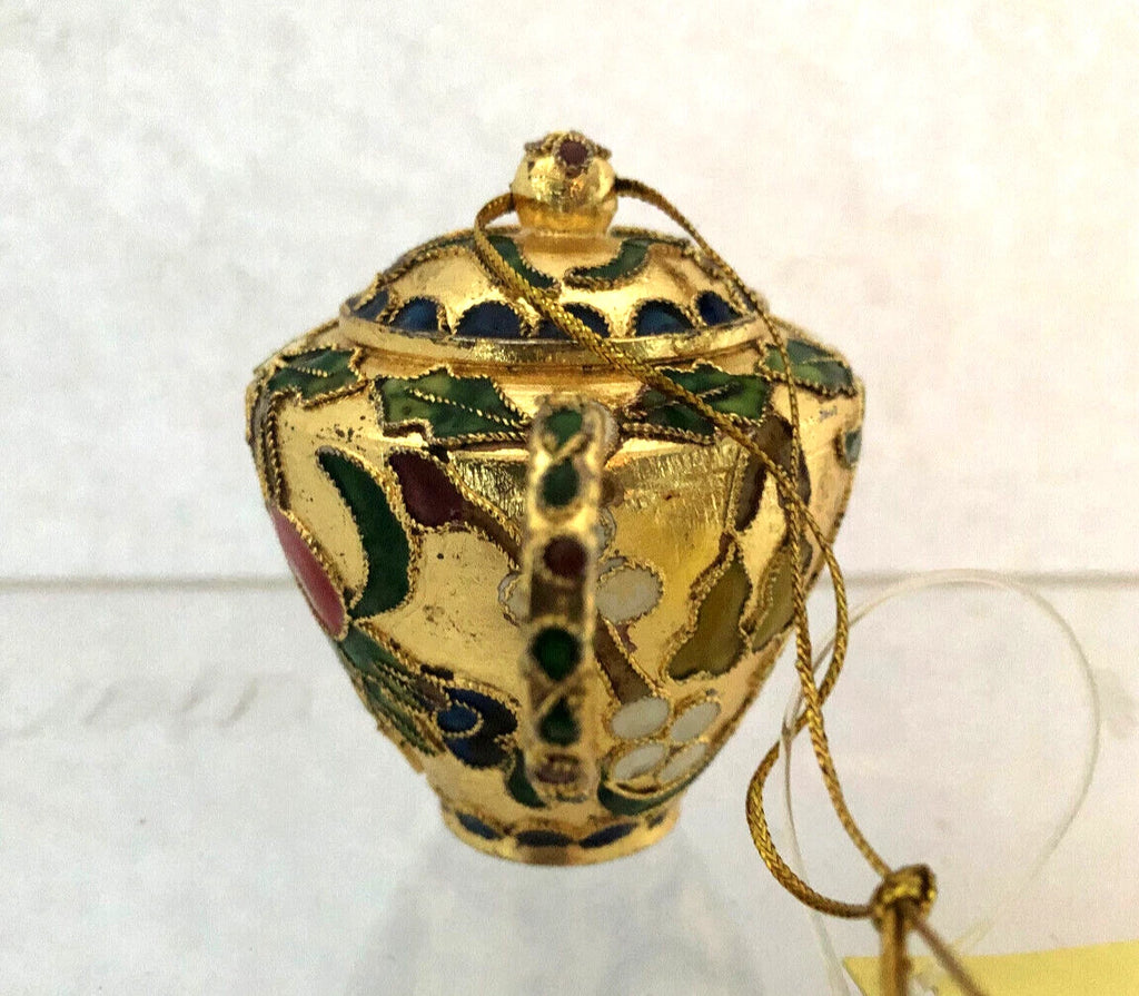 Cloisonné Style Enamel Mini Teapot Ornament Gold with Cherries and Fruit 4 in.