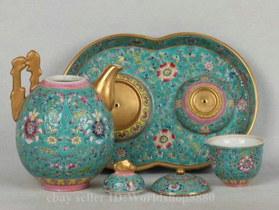 8.5" Yongzheng Marked Enamel Porcelain Gilt Flower Pattern Tea Pot Cup Plate Set