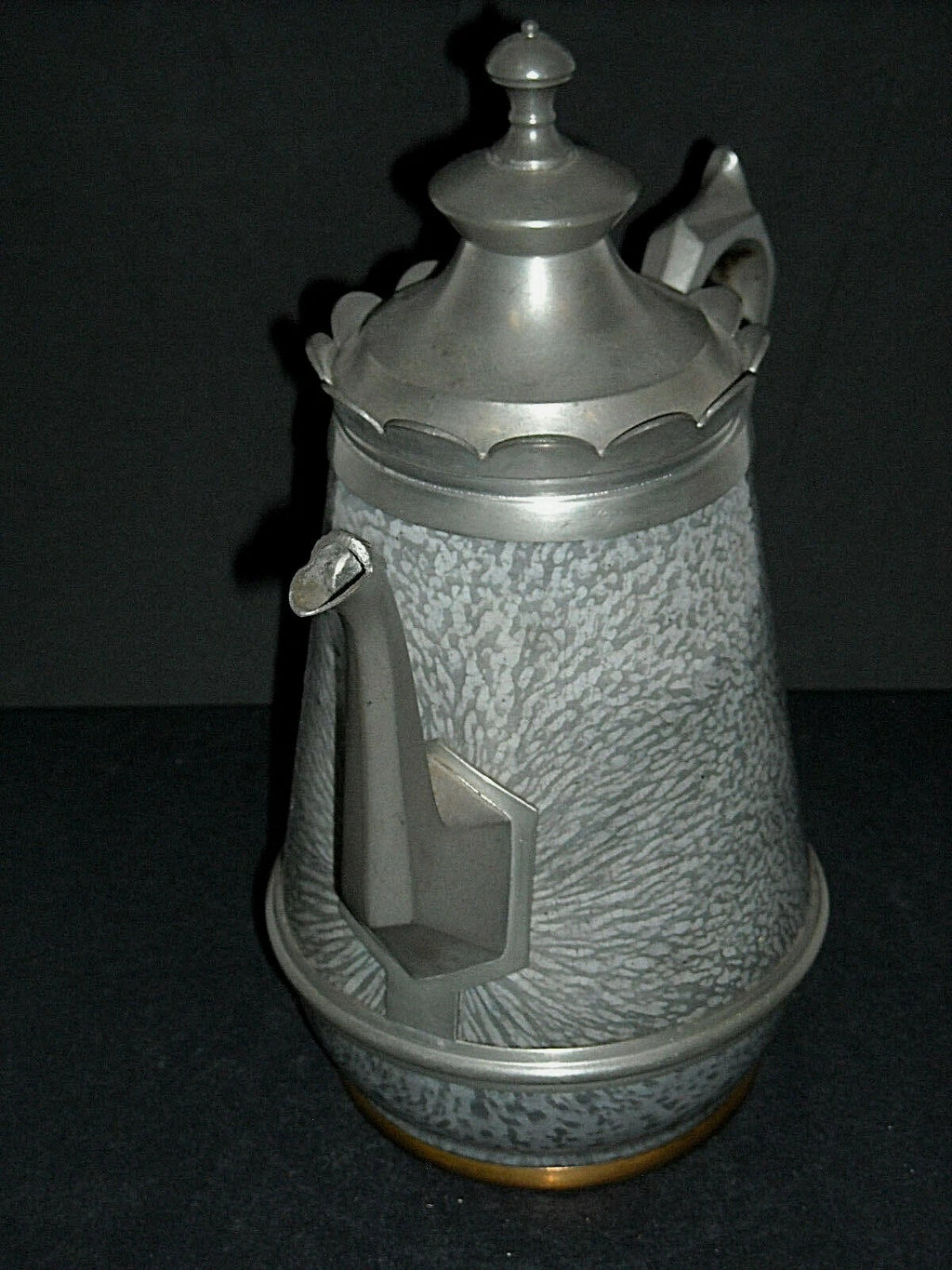 Excellent Early (1890 - 1905) Tall Grey Graniteware Teapot - Pewter Trimmed