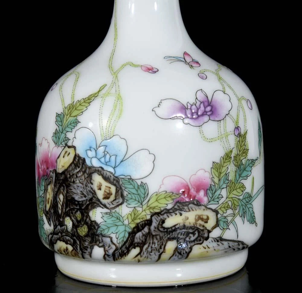 Qianlong Signed Pair Old Chinese Colour Enamel Vase W/flower N3582