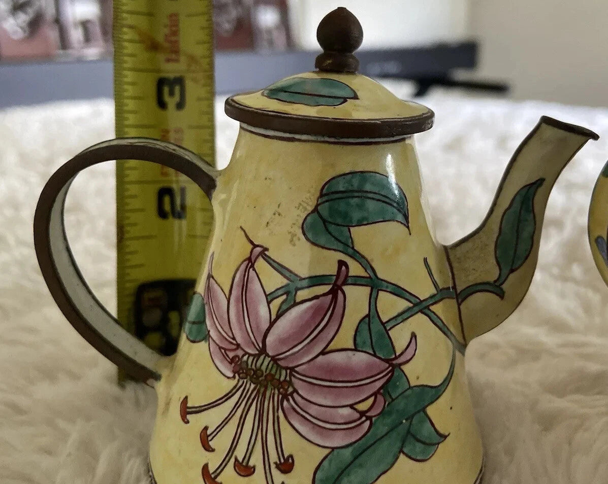 Collector’s Hand Painted Enamel Teapot Flowers  Butterflies Kelvin Chen Unsigned
