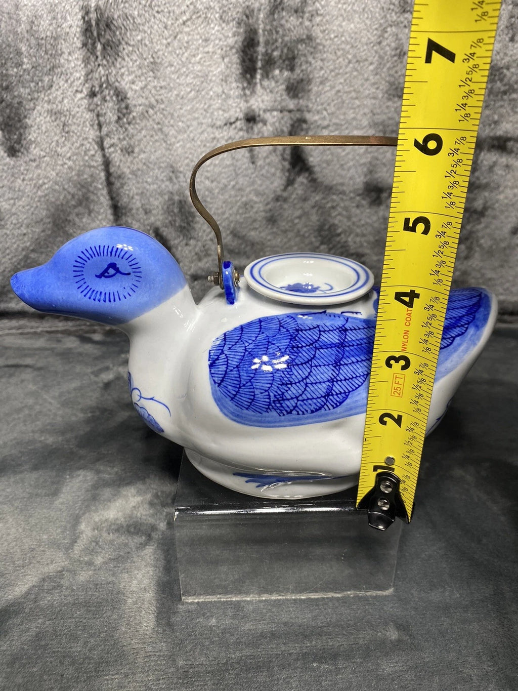 Vintage Duck Teapot, Tea Bag Holder Lid Blue White Floral Porcelain Metal Handle