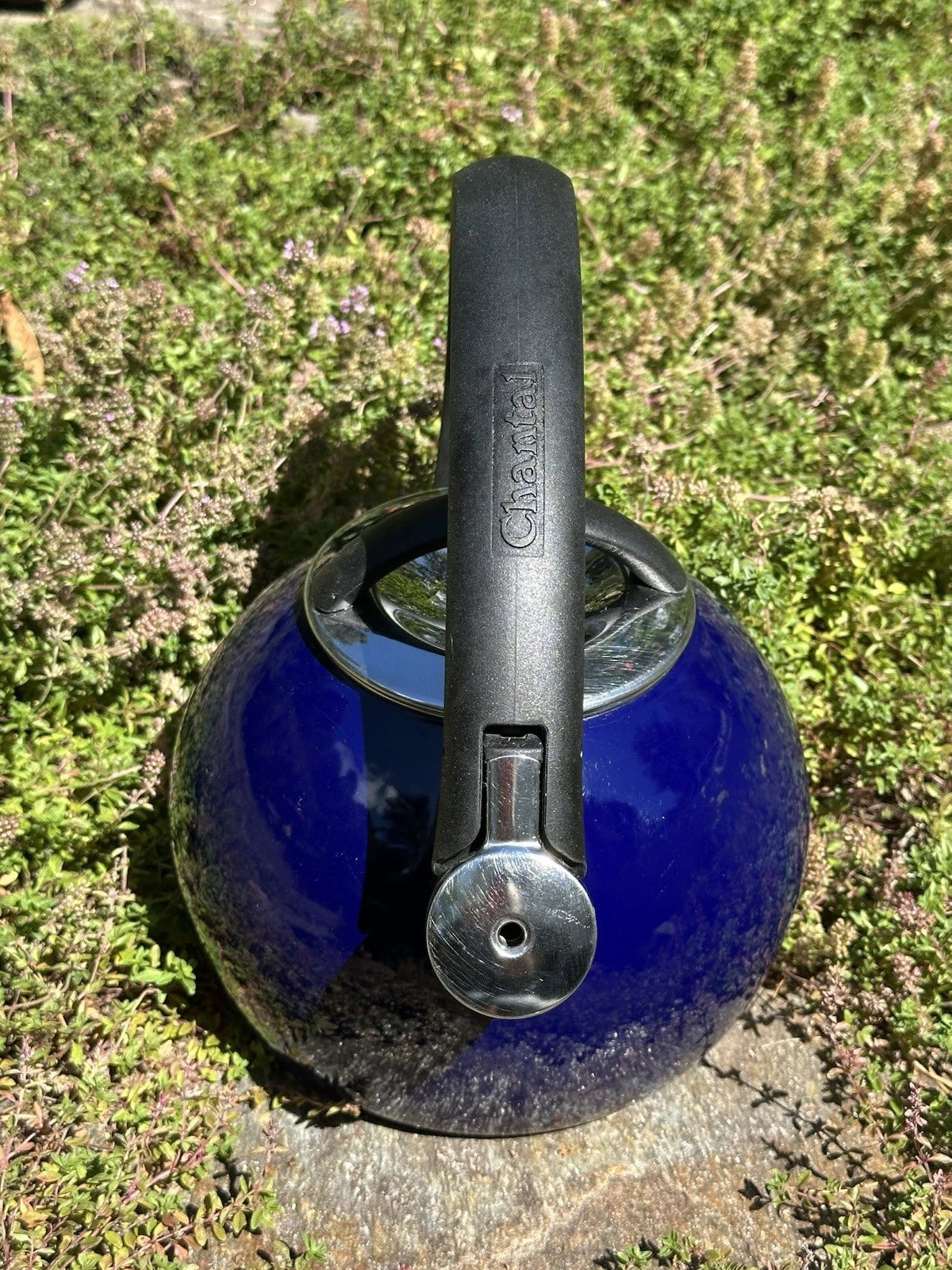 CHANTEL Cobalt Enameled  Whistling Tea Kettle 2qt Stay Cool BLK Phenolic Handle