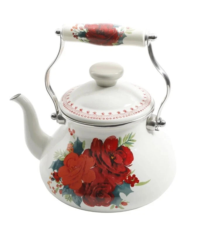 Pioneer Woman 1.9 Quart Tea Kettle Enamel on Steel Cheerful Rose Floral Design-2