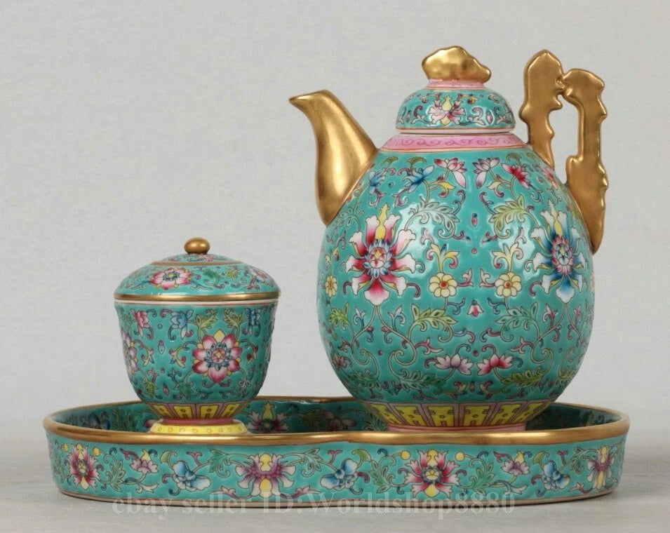 8.5" Yongzheng Marked Enamel Porcelain Gilt Flower Pattern Tea Pot Cup Plate Set