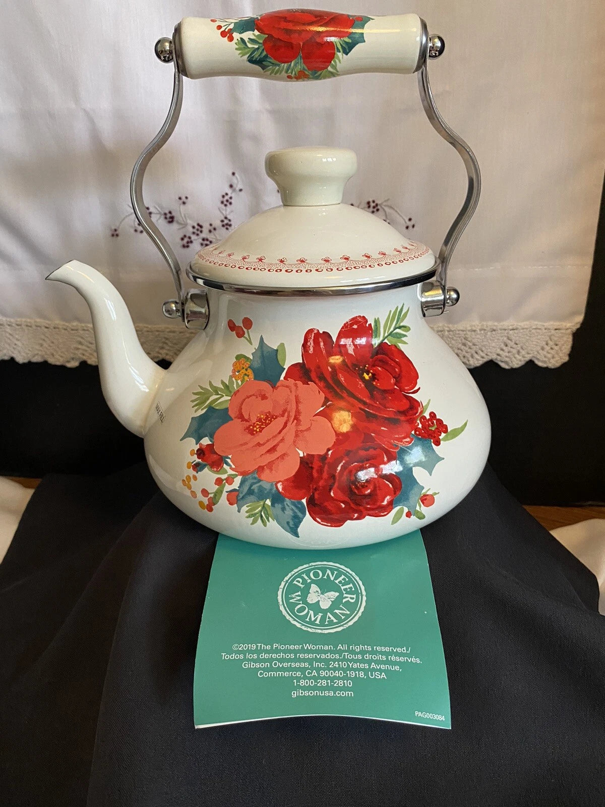 NEW The Pioneer Women Teapot Rose Enamel On Steel 1.9 Quarts Tea Kettle