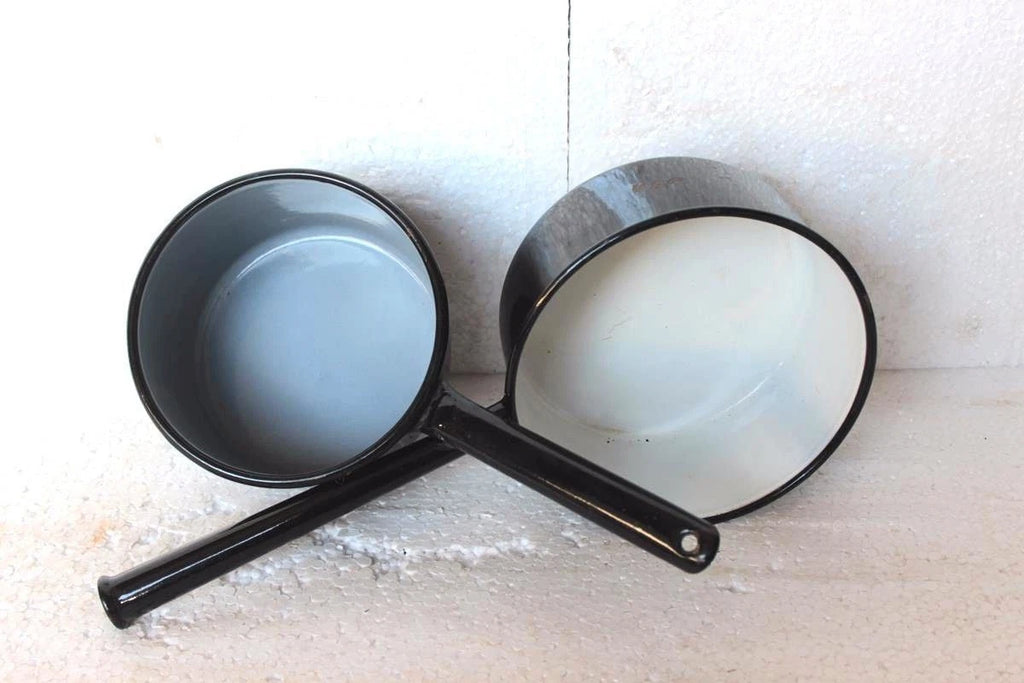 2 Pc Enamel Tea Pot Old Vintage with Handle Kitchenware Collectible