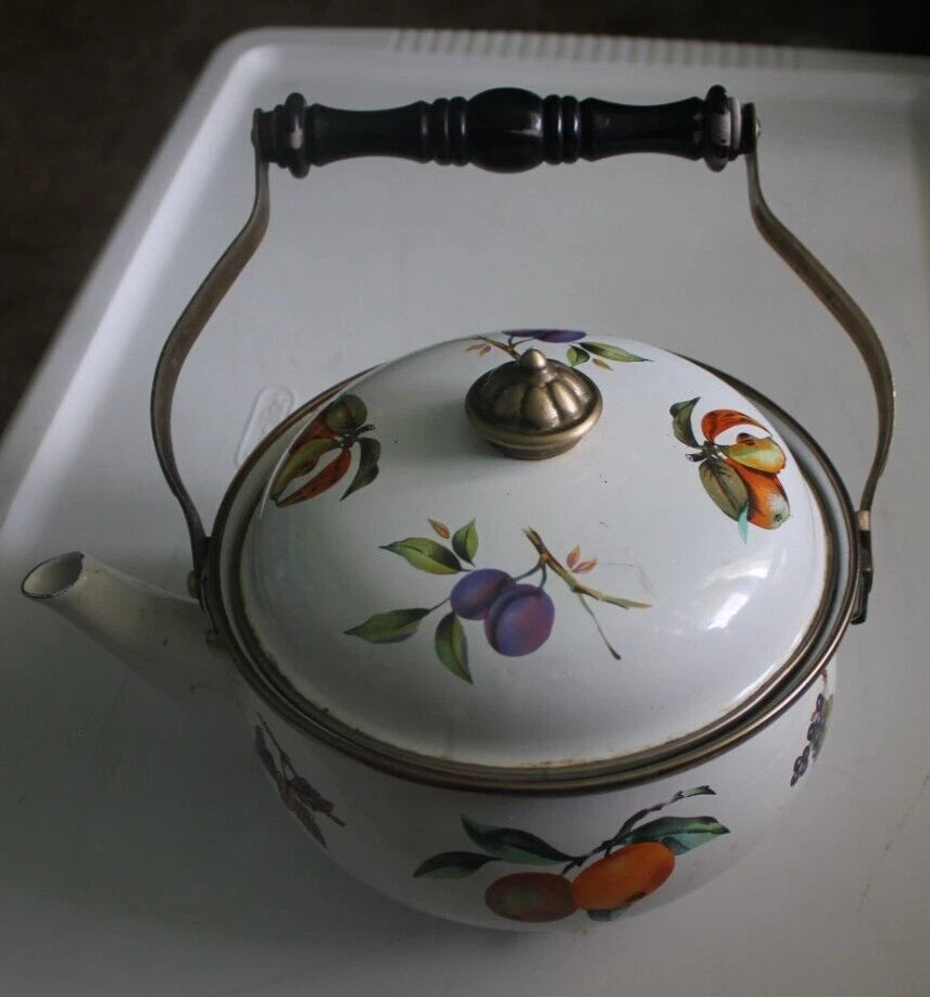 Dar Collection Tea Pot white with fruit and berry pictures on it.