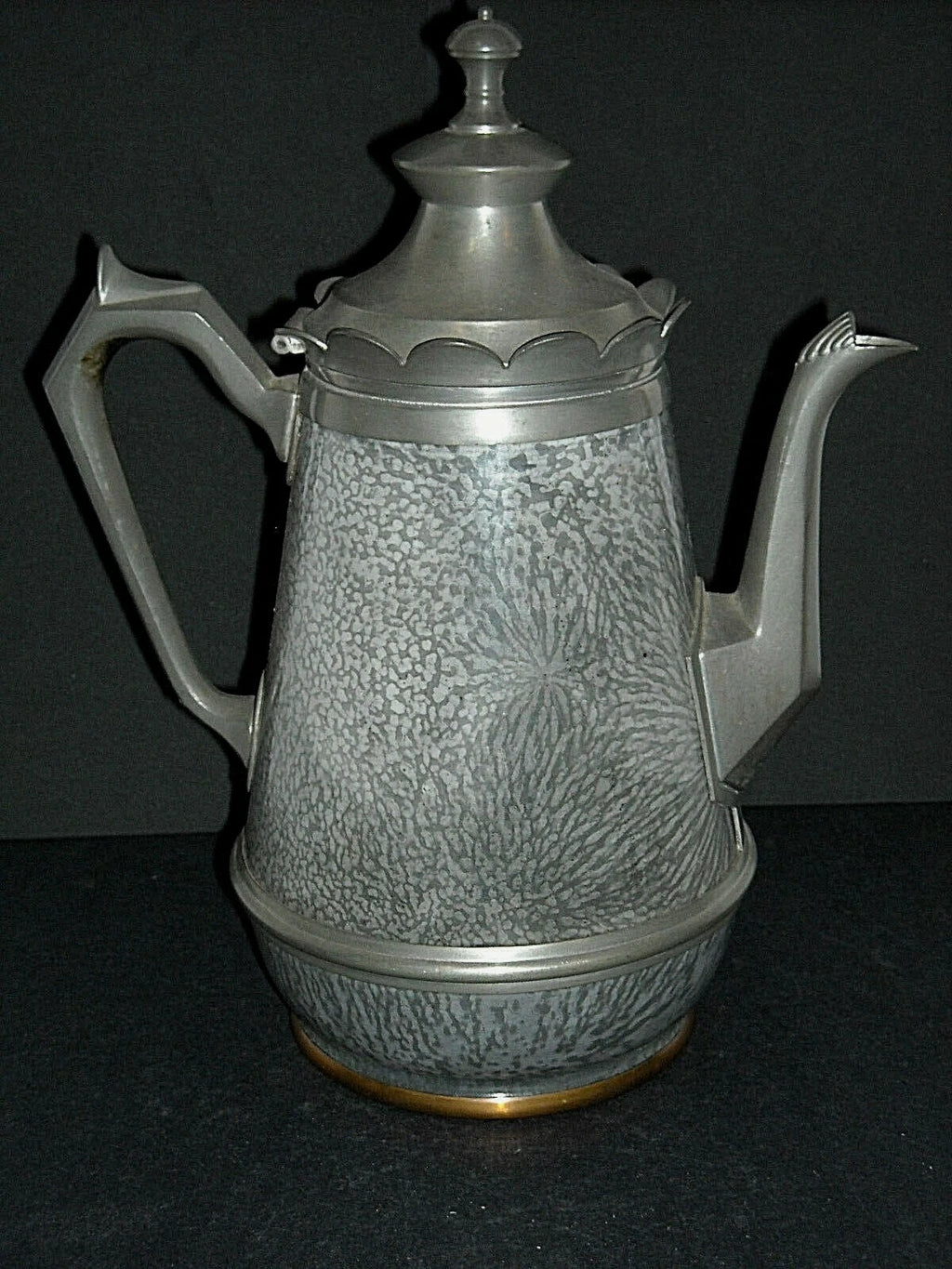 Excellent Early (1890 - 1905) Tall Grey Graniteware Teapot - Pewter Trimmed
