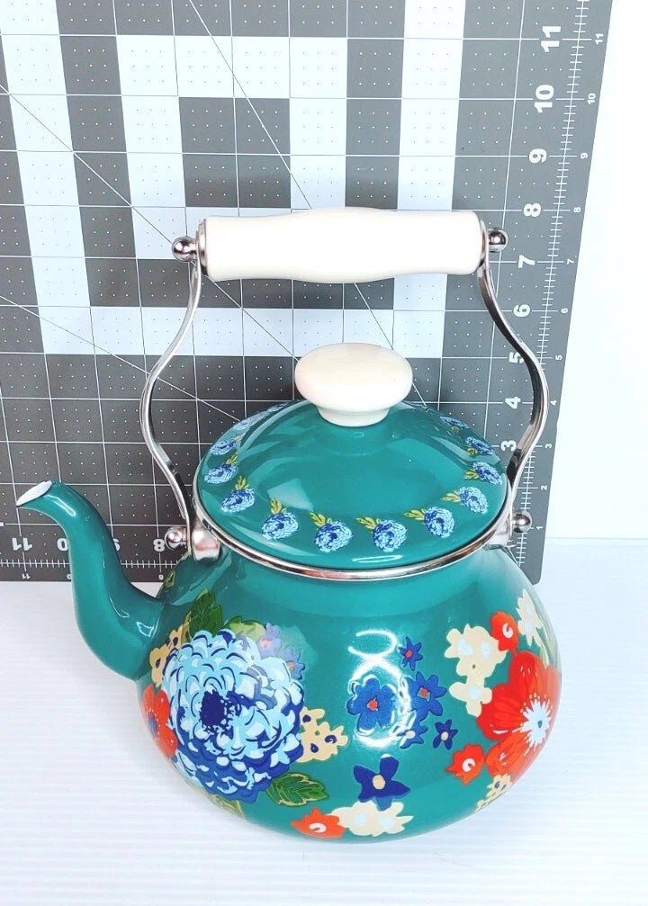 Pioneer Woman Enamel on Steel Dazzling Dahlias Tea Kettle, Excellent Gently Used