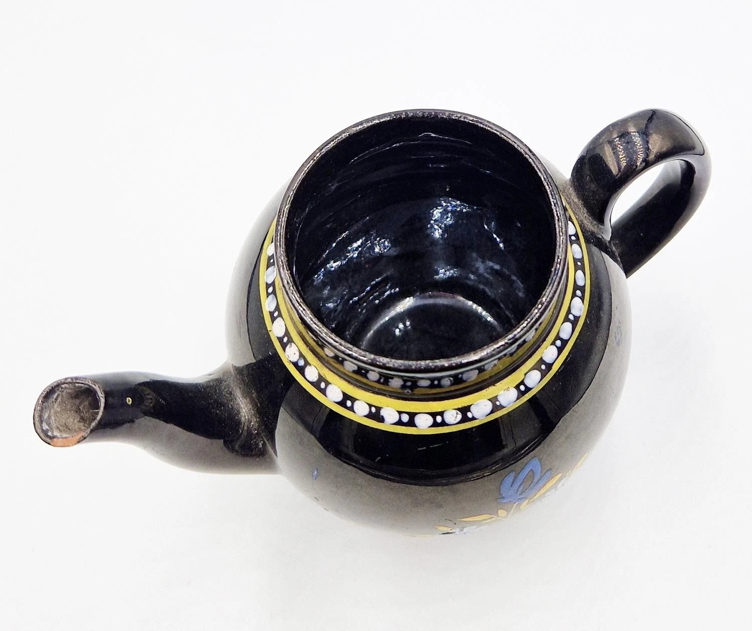 GEORGIAN JACKFIELD GLAZE POTTERY ENAMELLED BACHELORS TEAPOT c1780 a/f