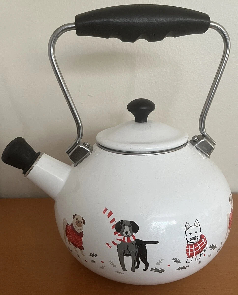 Martha Stewart  Enamel on Steel 2 Quart Christmas Tea Kettle Teapot Dogs As Is