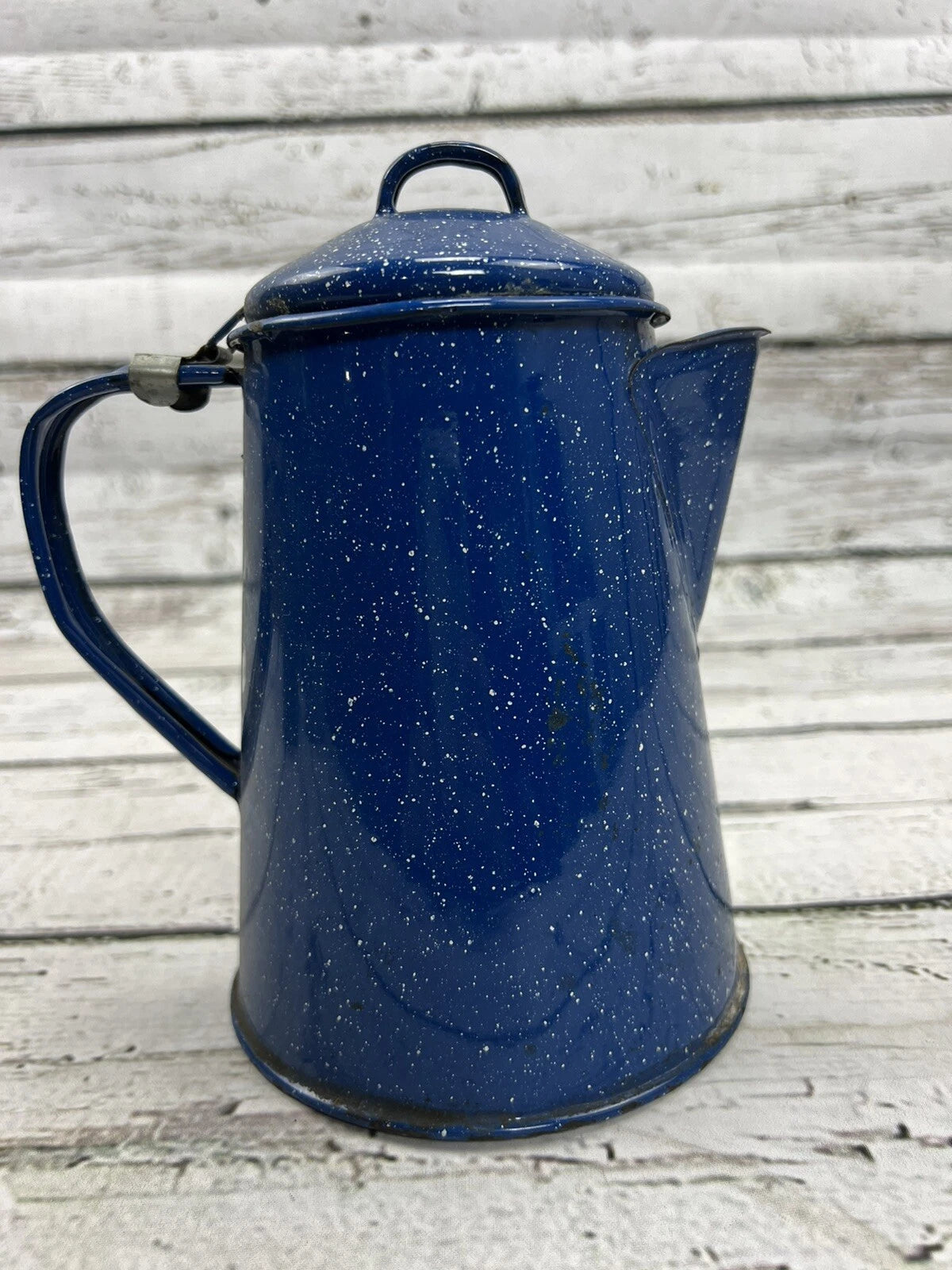 Vintage Blue White Speckled Enameled Graniteware Coffee Tea Pot Perculator W/Lid