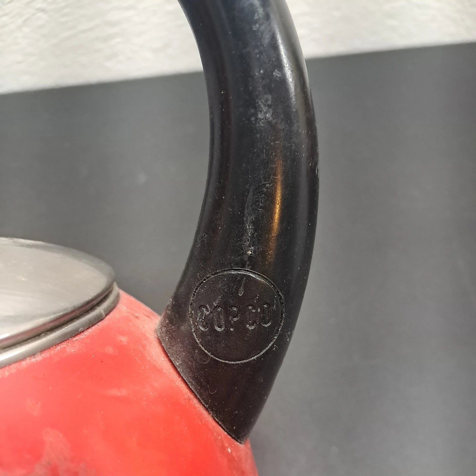 Copco Red Whistling Tea Kettle 2 Qt. Porcelain  used  good condition