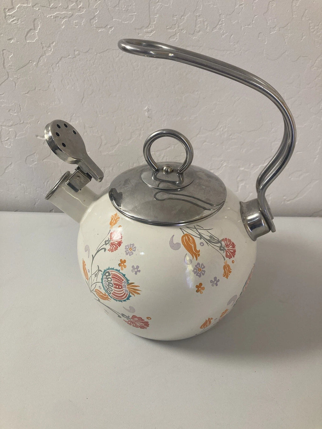World Market White Orange Floral Pattern Oven Safe Tea Pot Kettle