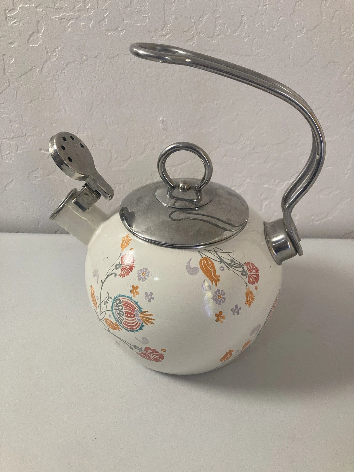 World Market White Orange Floral Pattern Oven Safe Tea Pot Kettle