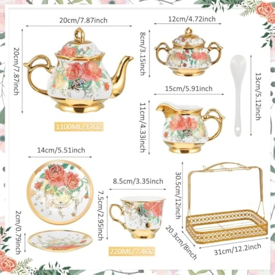 22 Pcs Gold Plated Vintage Floral Porcelain Tea Set for Adults with Me