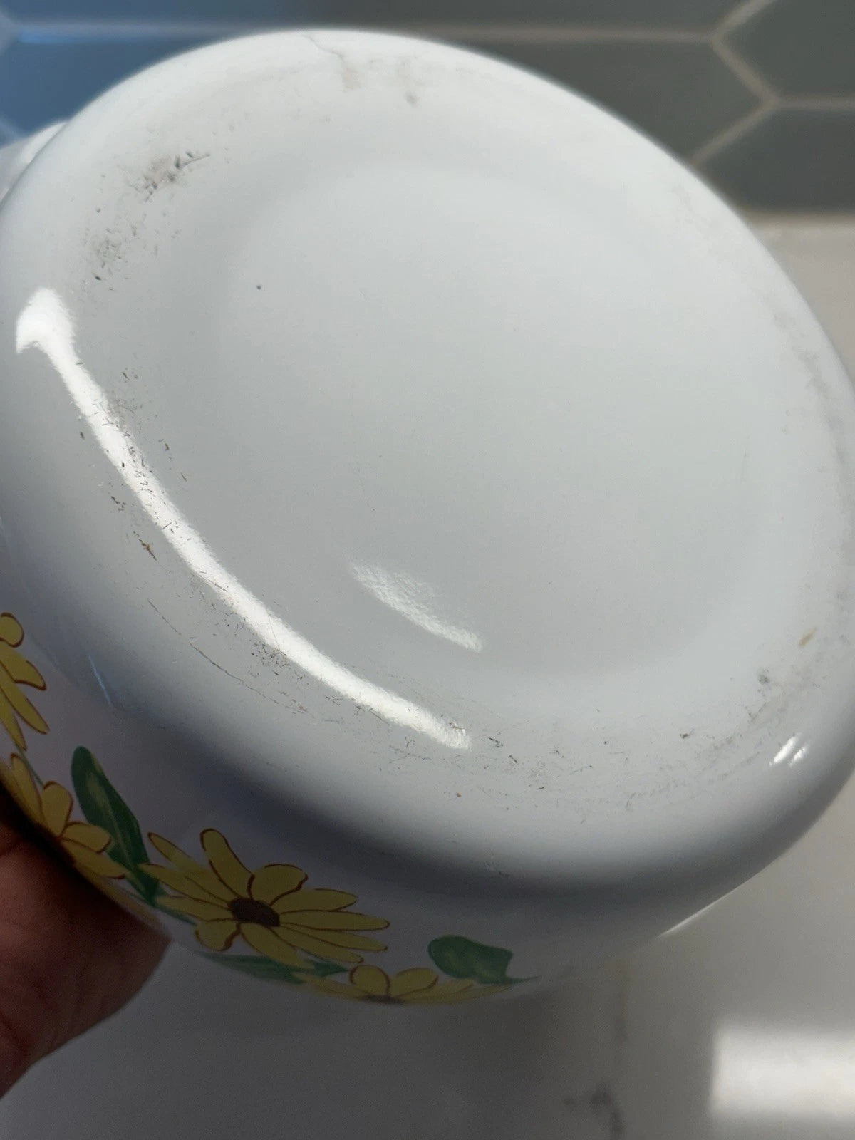 Vintage Yellow Enamel Teapot Wooden Handle Daisy Flowers MCM Retro Metal