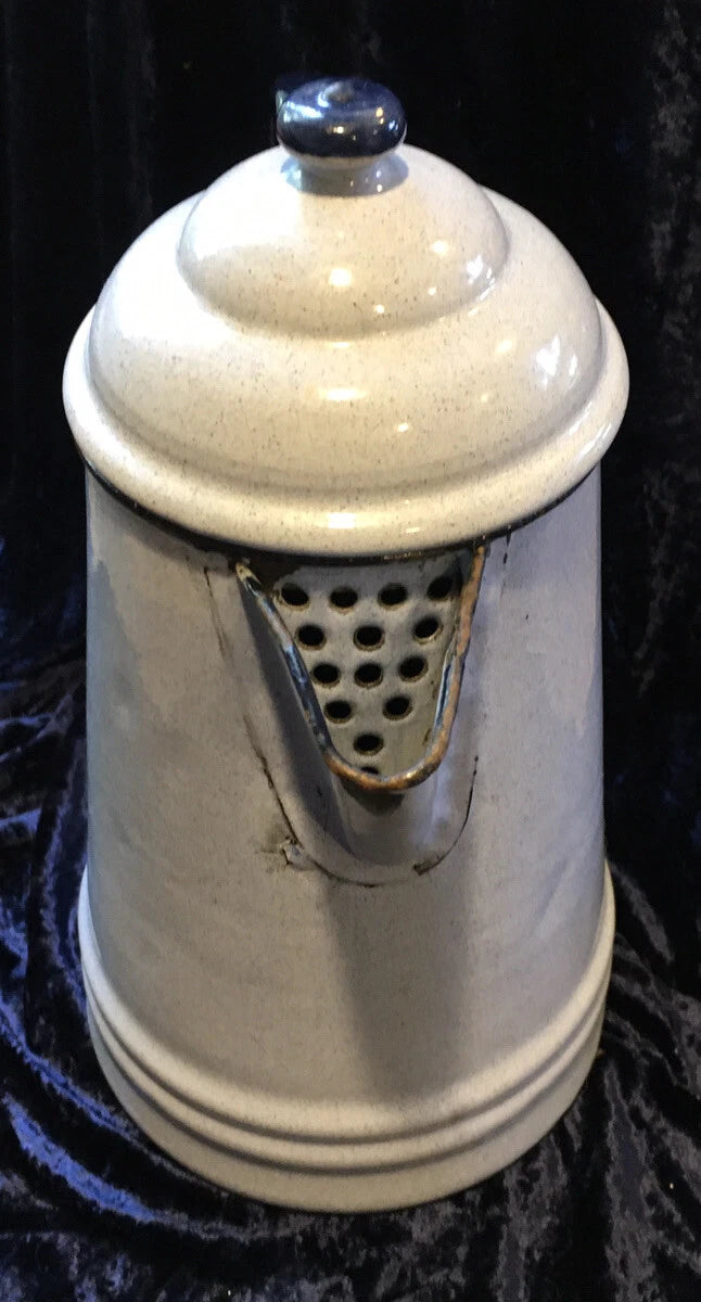 Vintage very Light Gray Blue White Speckle Graniteware Enamel Coffee Tea Pot 10"