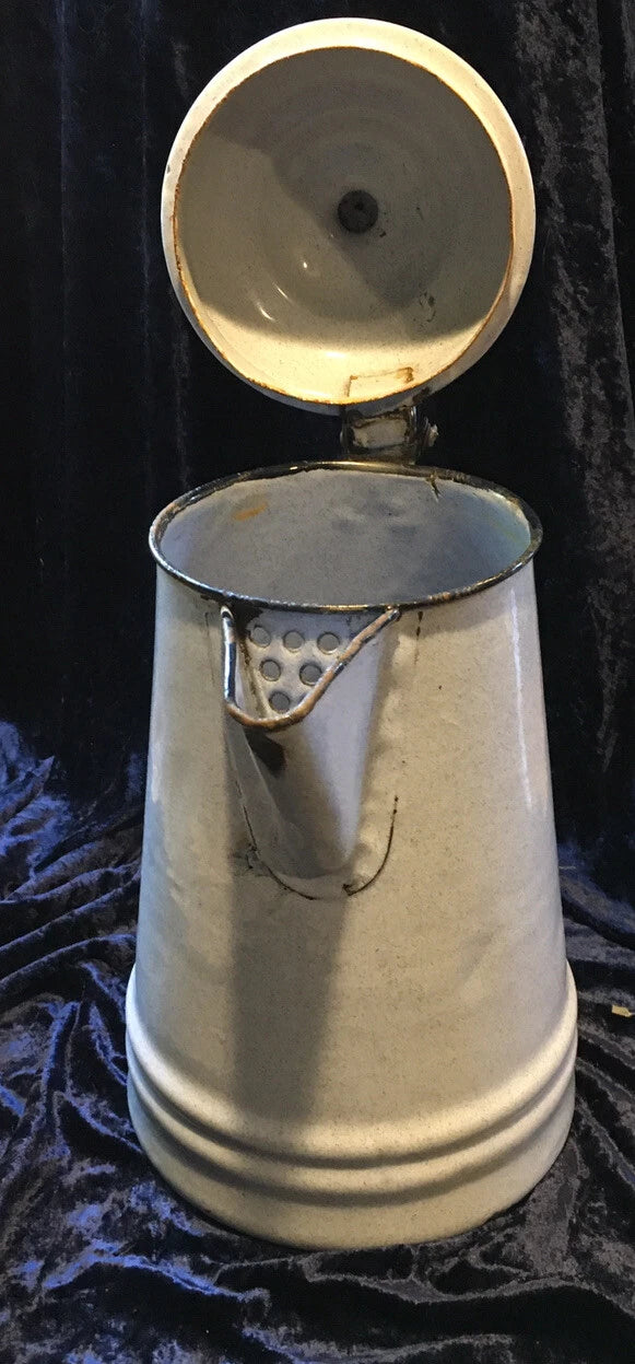 Vintage very Light Gray Blue White Speckle Graniteware Enamel Coffee Tea Pot 10"