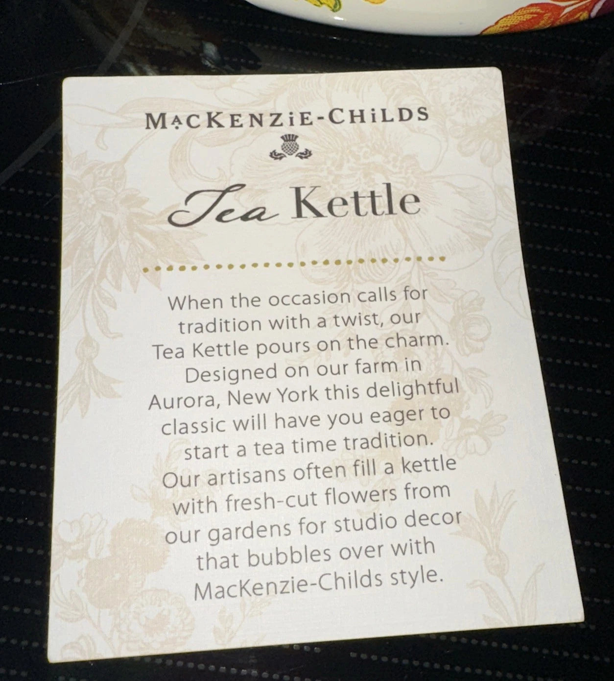 Mackenzie - Childs “White Flower Market” 3qt Enamel Tea Kettle NEW Open Box