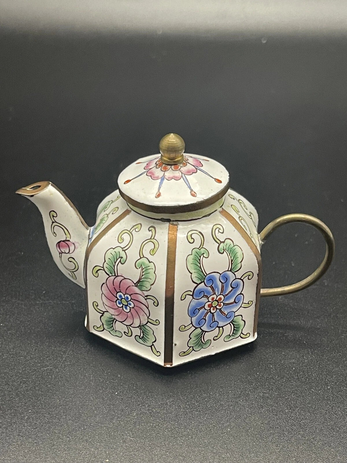 Chinemel B. Yee Enamel On Copper Miniature White Teapot W/Floral