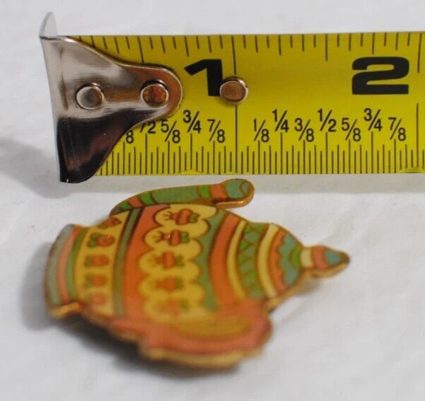 Vintage Gold Tone Enamel Pink & Green Fridge Magnet Tea Kettle Pot