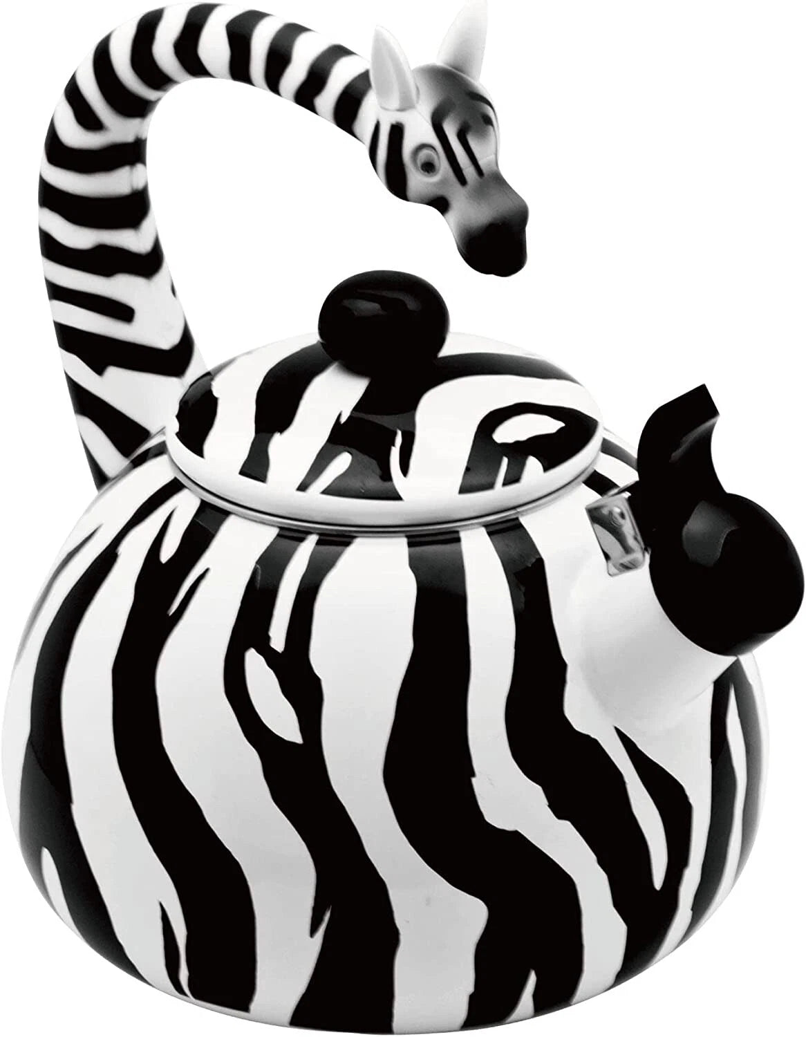 Enameled Zebra Whistling Tea Kettle, 2.3 quarts, Black/White