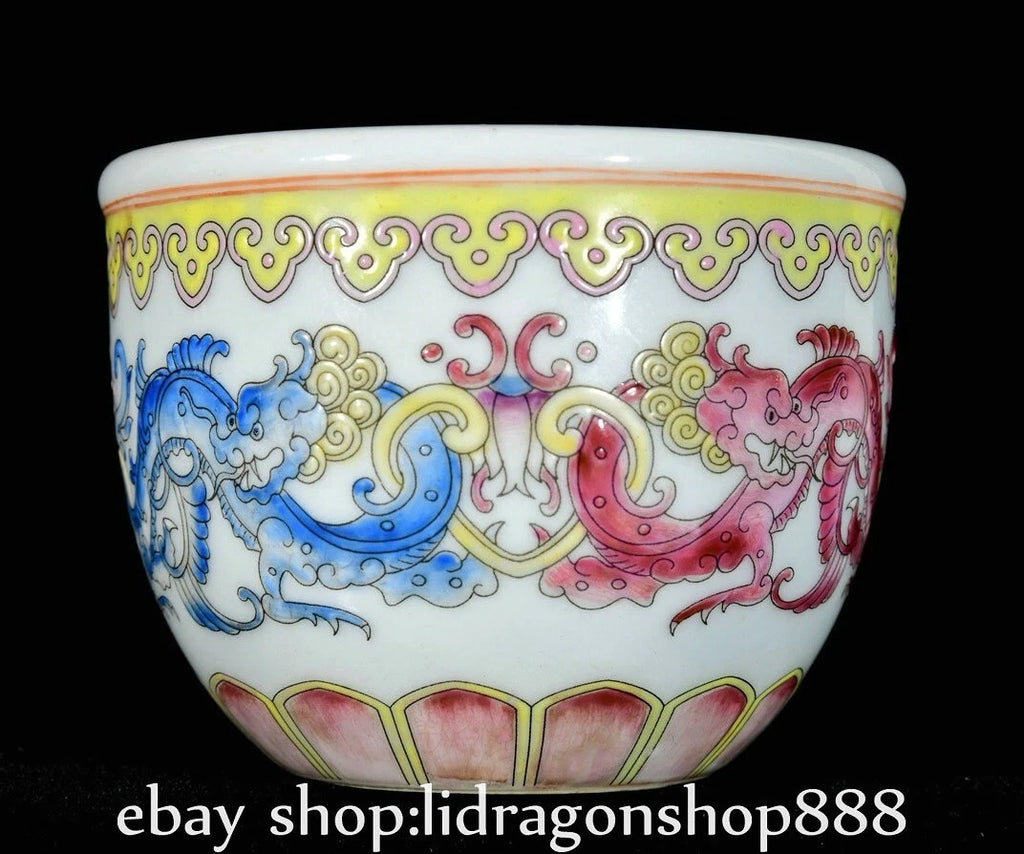 3.7" Qianlong Marked Enamel Porcelain Dragon Beast Pattern Wine Tea Cup Pair