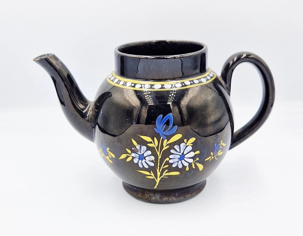 GEORGIAN JACKFIELD GLAZE POTTERY ENAMELLED BACHELORS TEAPOT c1780 a/f