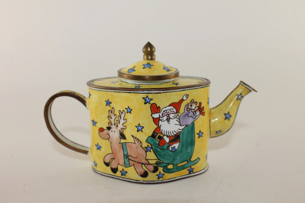 Vintage Collectible Kelvin Chen Enamel Miniature Yellow Teapot Santa w Reindeer