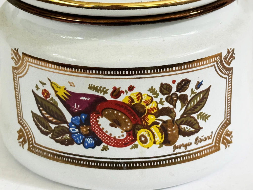 GEORGES BRIARD Tea Kettle Enamelware Fruit Vegetables Gold Accents Mid Century