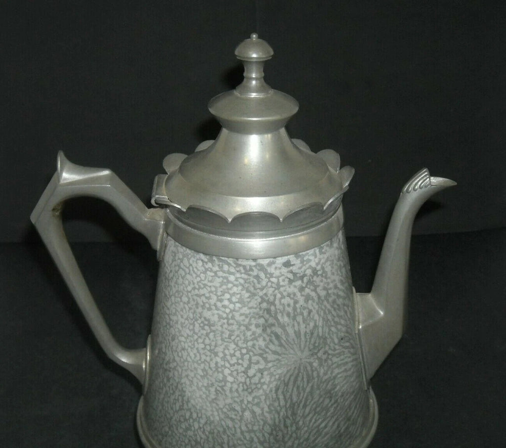 Early (1890 - 1905) Pewter-Trimmed Grey Graniteware Teapot - Enamel Ware