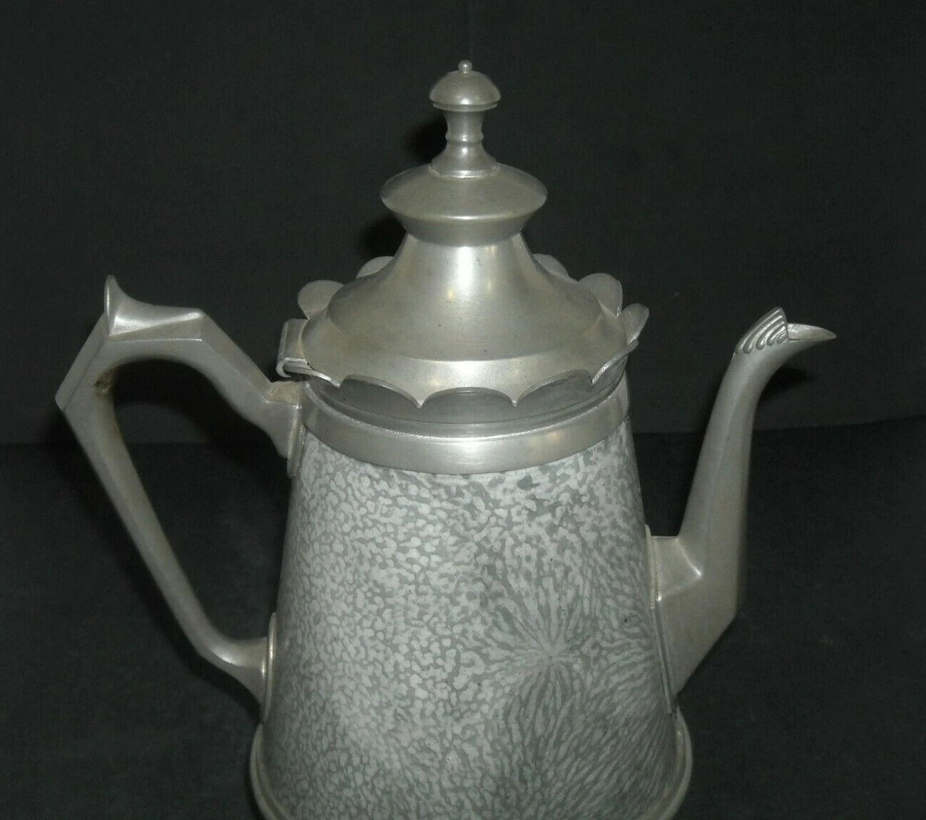 Early (1890 - 1905) Pewter-Trimmed Grey Graniteware Teapot - Enamel Ware