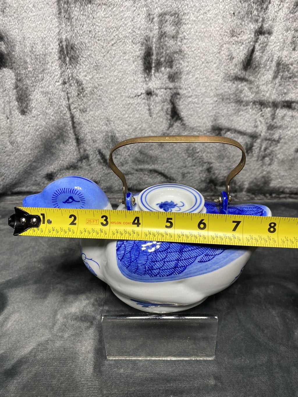 Vintage Duck Teapot, Tea Bag Holder Lid Blue White Floral Porcelain Metal Handle