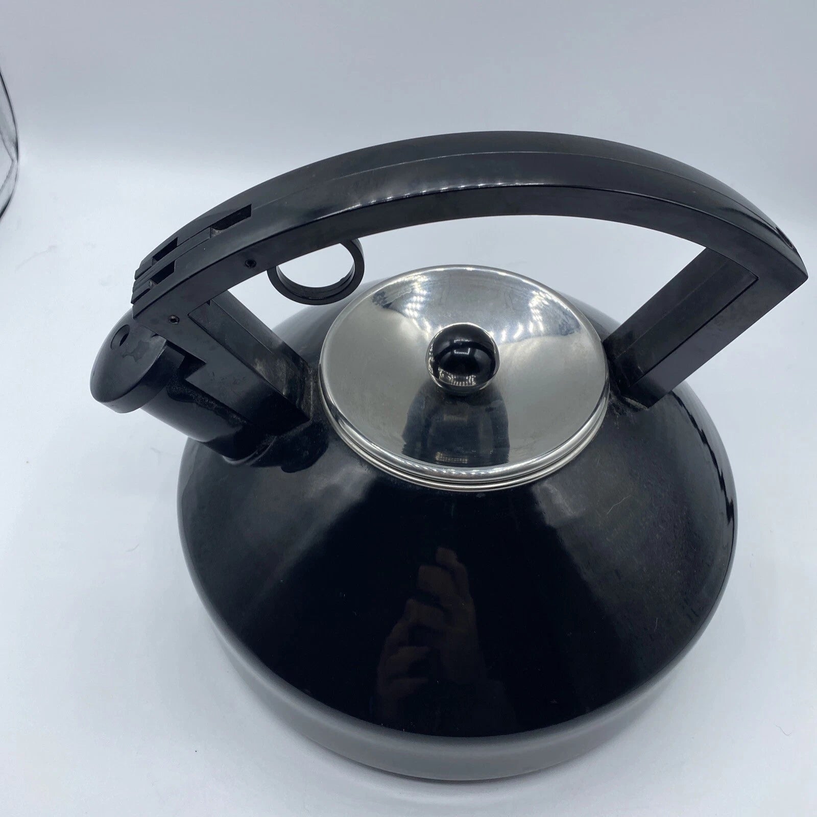 Vintage Black Enamel Tea Kettle Metal Sleek Design Silver Lid Black Knob