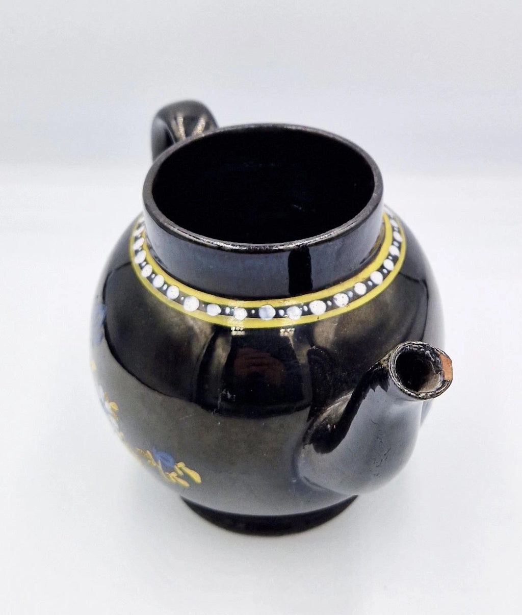 GEORGIAN JACKFIELD GLAZE POTTERY ENAMELLED BACHELORS TEAPOT c1780 a/f