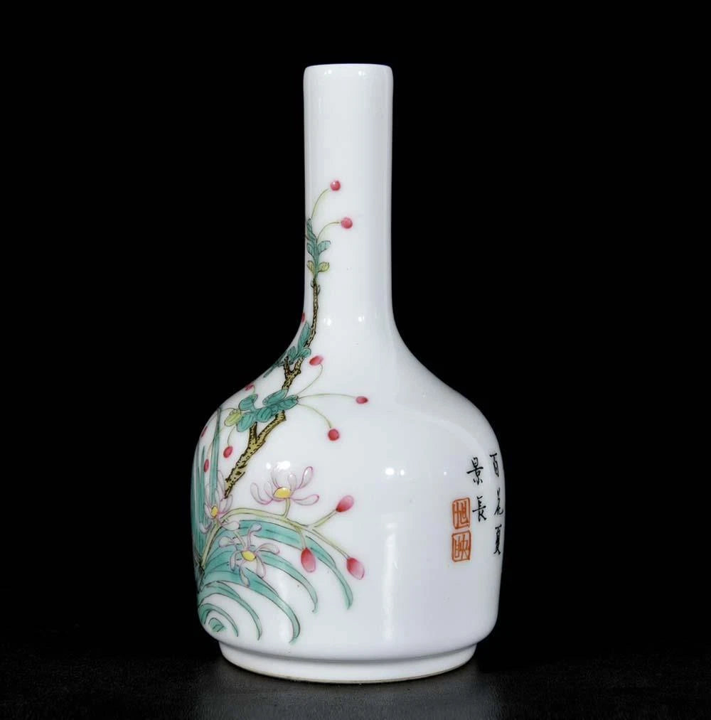 Pair Qianlong Signed Old Chinese Colour Enamel Vase W/orchid N3436