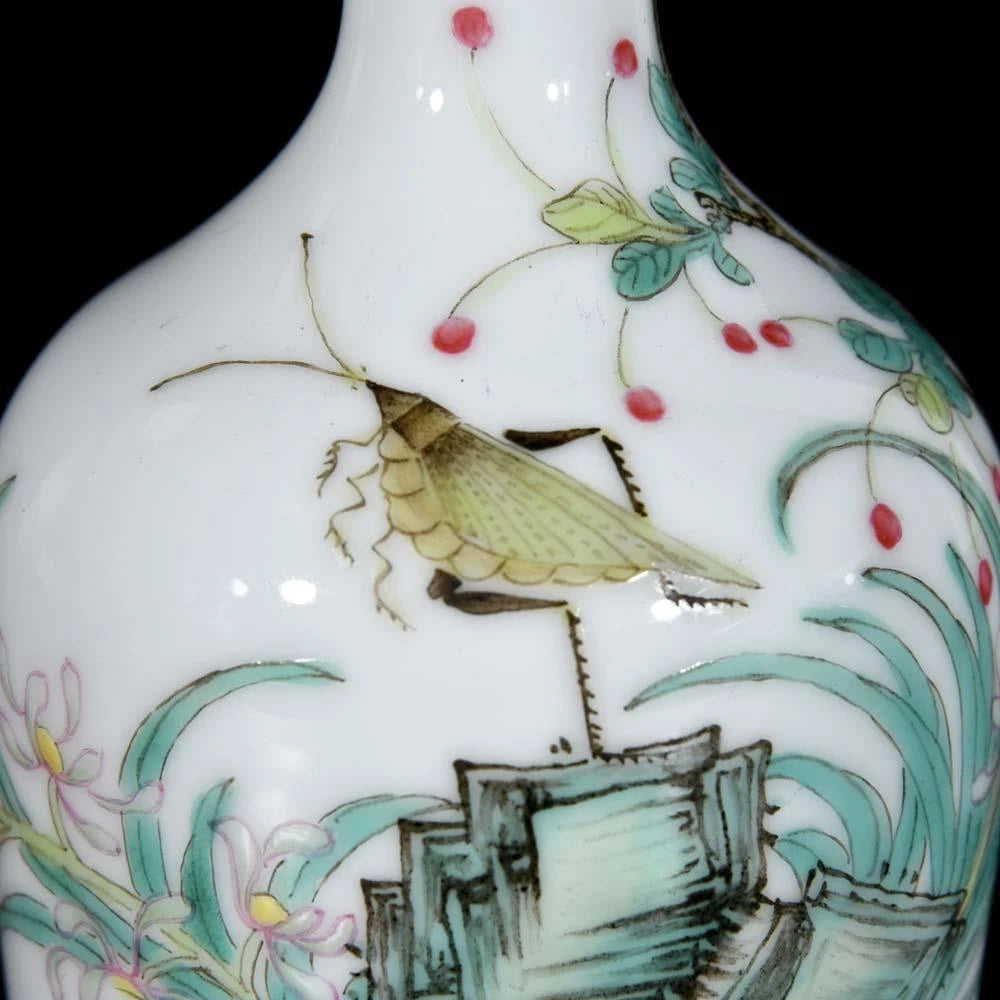 Pair Qianlong Signed Old Chinese Colour Enamel Vase W/orchid N3436