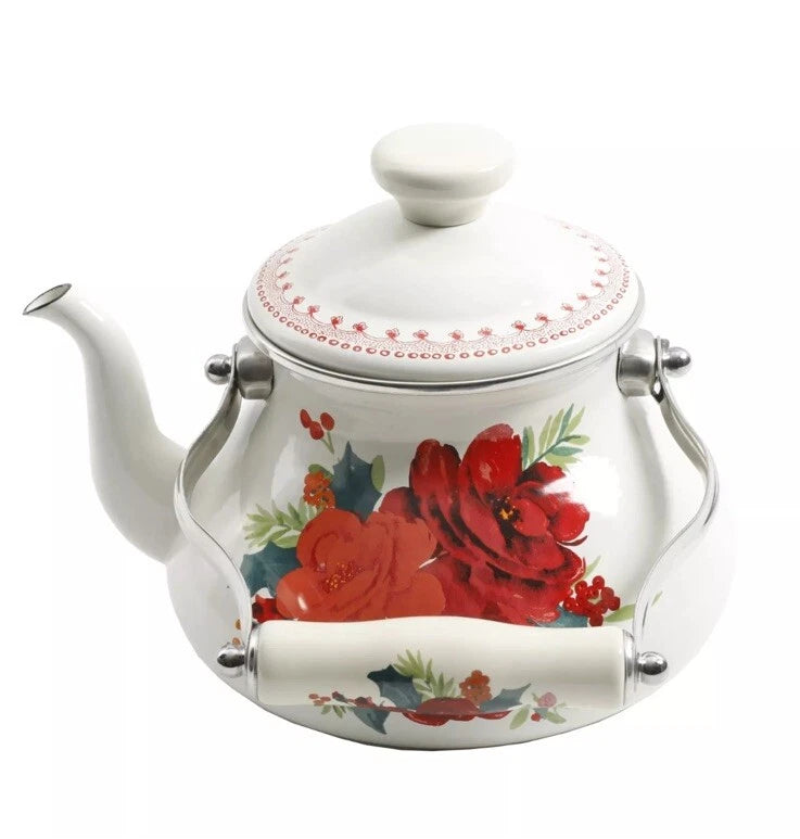 Pioneer Woman 1.9 Quart Tea Kettle Enamel on Steel Cheerful Rose Floral Design-2