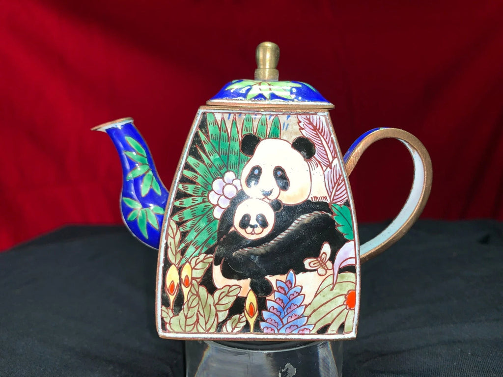 John Clementson Miniature Brass and Enamel Teapot with Panda