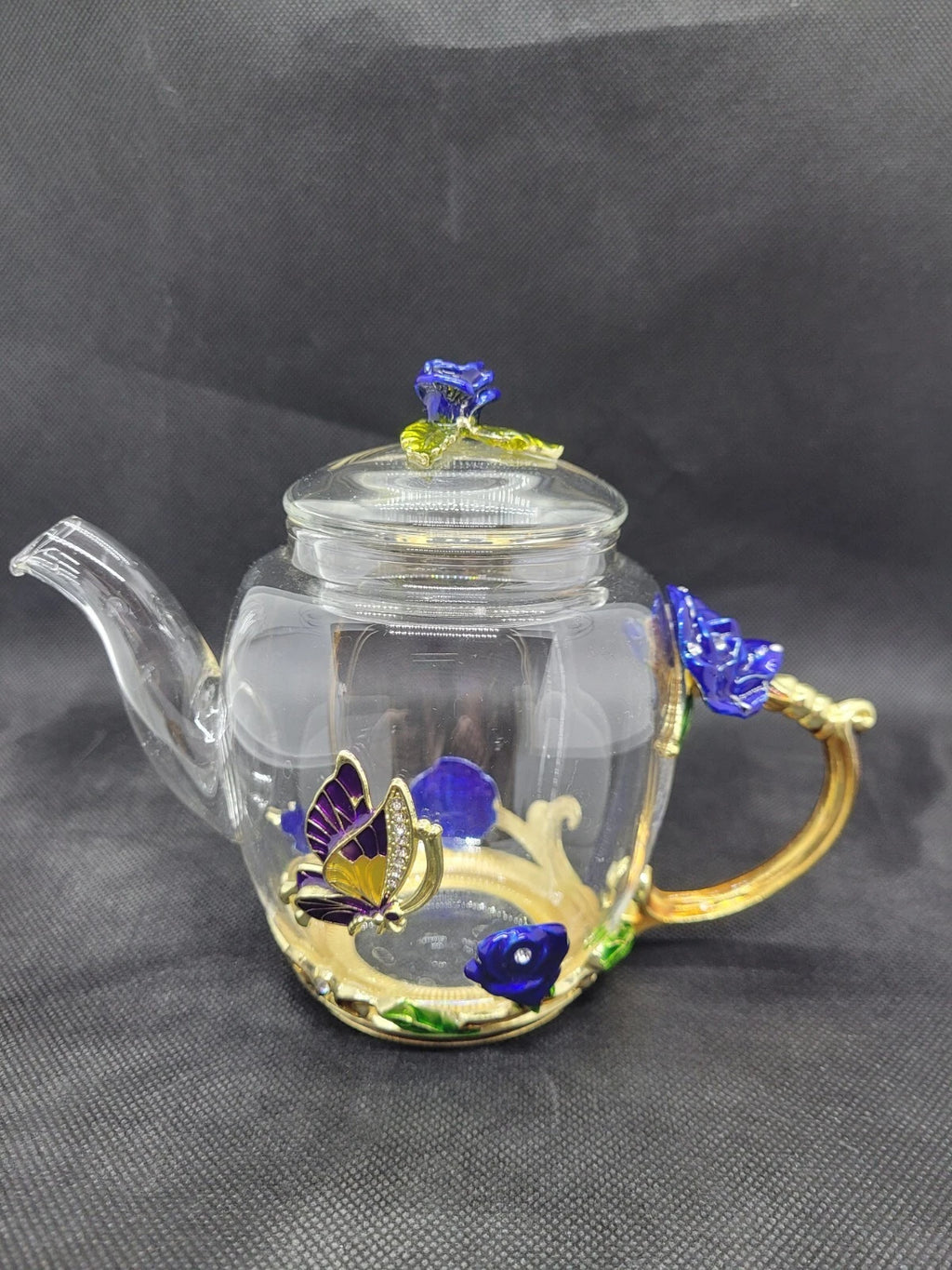 Teffania Teapot Handcrafted Crystal Glass W Blue Roses And Rhinestons 12 OZ  A12