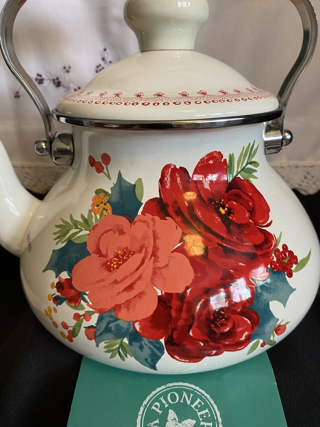 NEW The Pioneer Women Teapot Rose Enamel On Steel 1.9 Quarts Tea Kettle