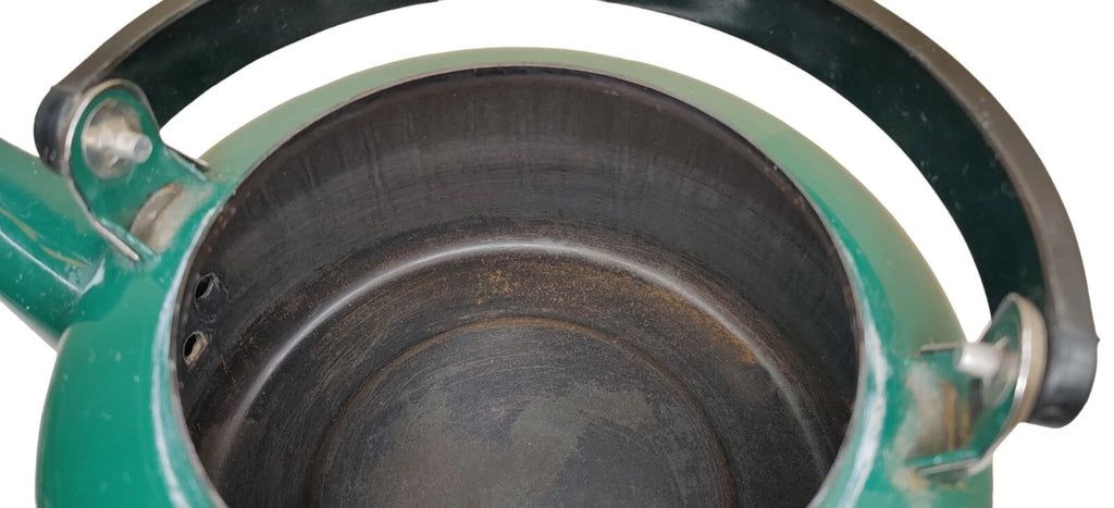 Vintage Teal Green Enamel Tea Kettle with Black Plastic Handle