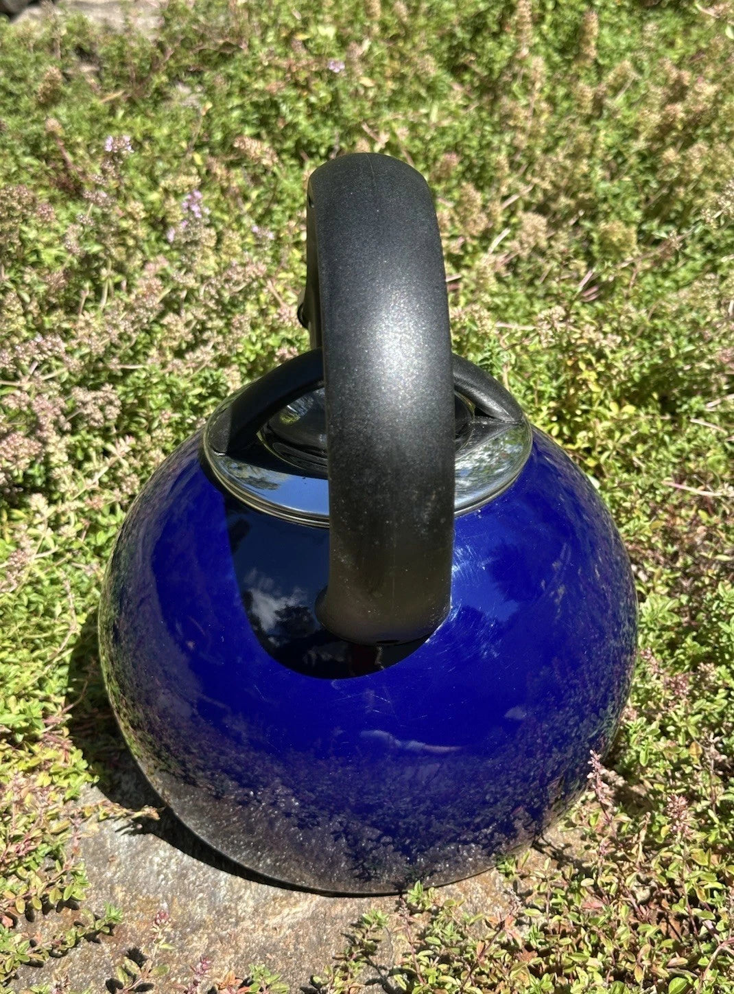 CHANTEL Cobalt Enameled  Whistling Tea Kettle 2qt Stay Cool BLK Phenolic Handle