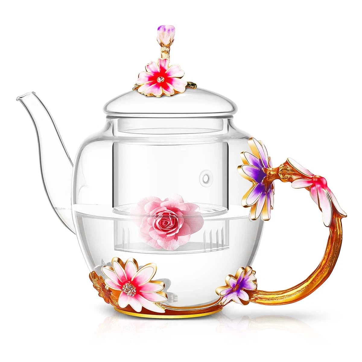35OZ Enamel Glass Flower Teapot With Removable Loose Tea Leaf Infuser Tea Mak...