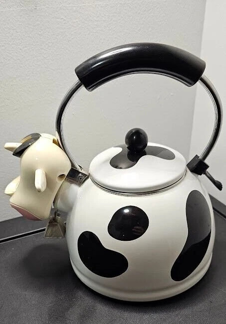 Vintage M Kamenstein Cow Tea Kettle With Bell Enamel Whistling Teapot